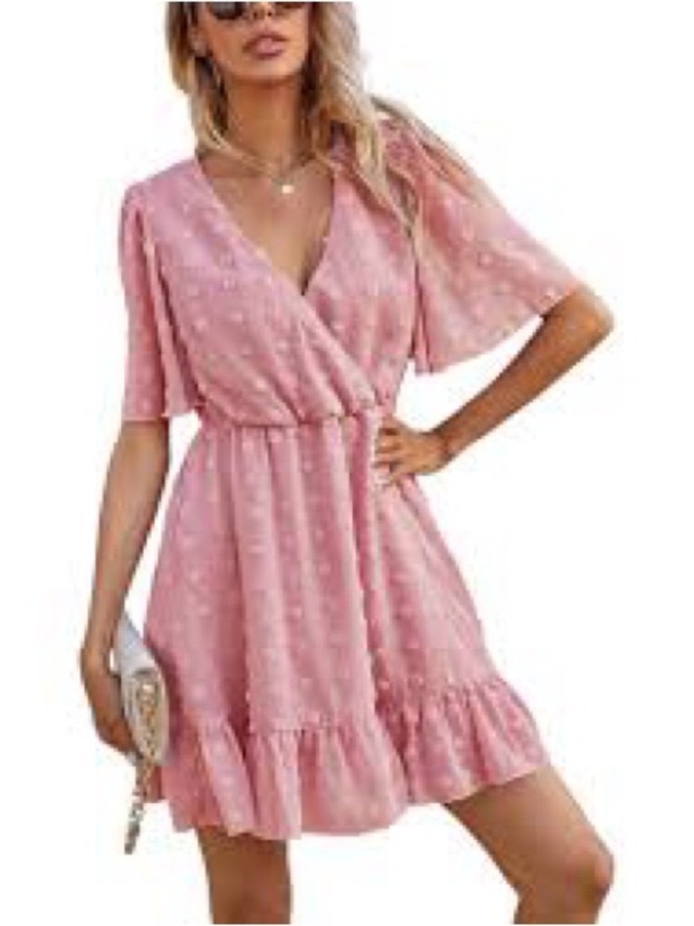 🌻Light Pink Midi Dress with Swiss Dot Texture deep v neck romper.